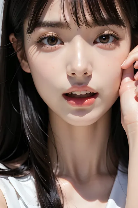   high resolution　 young Japanese female idol「Cuckie 」 photos,  alone,  1 girl is inside the office,Wearing a black business suit,   in a Japanese-style room and the focus is on the face ,   face close-up,  Looking at me ,    straight black hair with bangs...