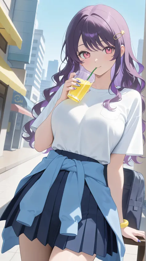  one girl,( purple hair:1.8), pink eyes, golden hairpin,I have a lemon yellow drink, long wavy hair,F cup breasts, white shirt,blue shirt around waist, navy blue pleated skirt,Nail Art, high res,Bright summer time, blue sky,City, Japanese illustration styl...