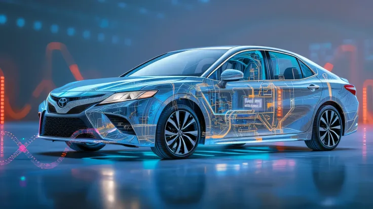 A cinematic ultra HD 8K visualization of a Toyota Camry Hybrid XV80’s hybrid system in action, showing an animated flow of energy between the gas engine and the electric motor.  
