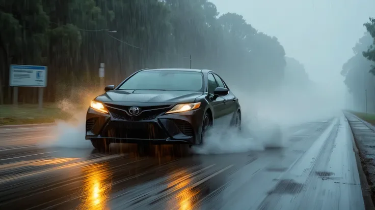 Toyota Camry Hybrid XV80 driving through a heavy rainstorm with stability control activated. The road is wet, but the car remains firmly on track with no skidding.  
