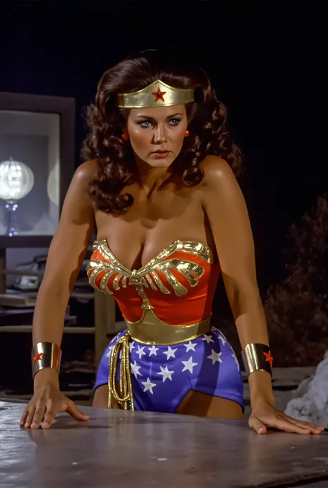 Lynda Carter as Wonder Woman, full body photo, side view, in a night time romantic glowing fortress bending down to spread herself seductively on the plain metal table as she's violently abused and tortured in extreme pain, her perfect ass and legs teasing...