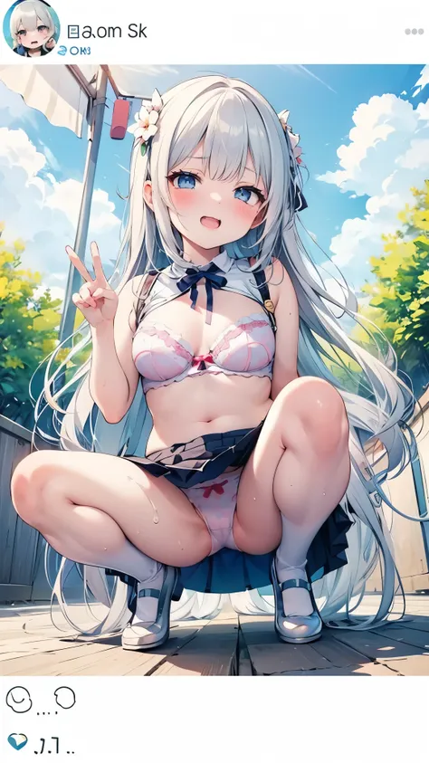 NSFW,M legs,{{{squat}}} ,squat,spread legs,elementary school girl,preschool girl, double peace,panty shot,show off panty, wearing underwear, girl wearing bra, skirt, smug face, Satin bra, pastel colors bra, flower pattern bra, frilled bra , Satin panties, ...