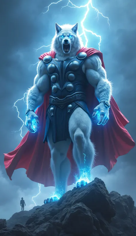 "Lightning crackles through the sky as the hybrid of Thor and a mighty white wolf humaoid hybrid is complete. The creature stands, a towering figure with a godlike muscular form, wearing the thor suit that glows with divine energy. Its piercing blue eyes s...