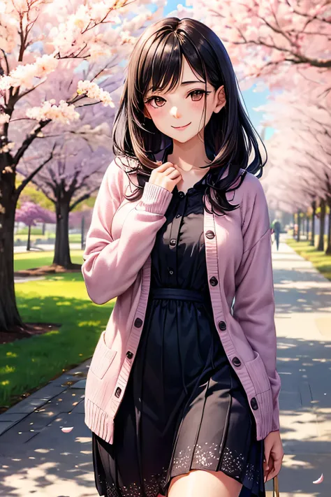 A graceful young lady with long, straight black hair and a calm, traditional aura, wearing a light purple patterned dress and a soft pink cardigan.  Her other hand lightly touches her cheek in delight.The background features a peaceful park filled with che...