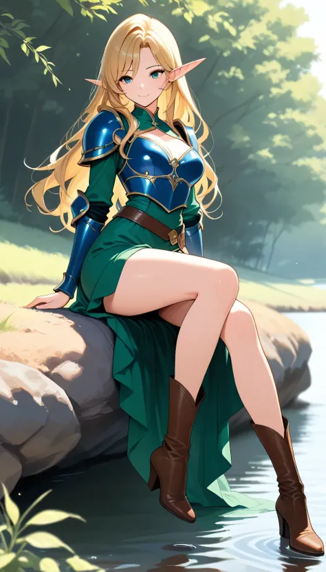 Green dress, beautiful woman, fairy like ears, long ears, golden hair, beautiful legs, brown boots, high-heeled boots, sitting on the riverbank, long hair, beautiful woman, blue armor, great figure, long legs, beautiful legs, masterpiece, high-definition