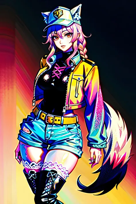 (best quality:2.0), (crisp:2.0), (highres:2.0), (((a rich yellow and pink gradient wolf tail:2.0))), anime, full body:2.0, (single image), (solo beautiful lady:2.0), (masterpiece:2.0), (detailed face:2.0), (detailed eyes:1.4), ((denim shorts:2.0)), ((thick...