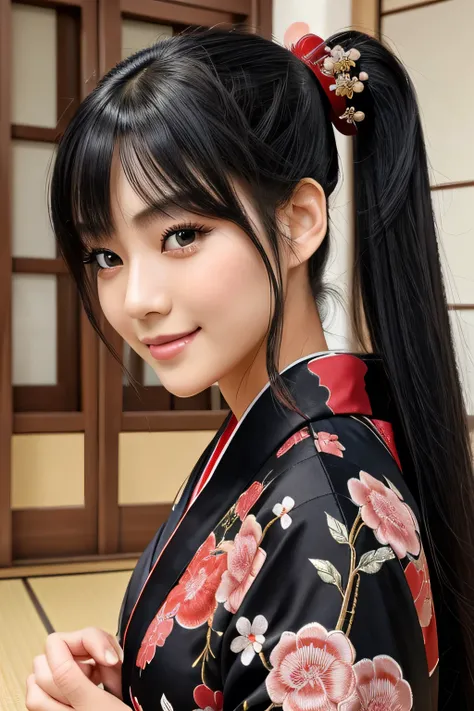 Beautiful Japanese women drawn in the highest quality manga。Her eyes are expressive、has a perfect face。She has the charm of a cute anime character.、wearing a beautiful Japanese kimono。The kimono has a dragon embroidered on it.、Features black and red colors...