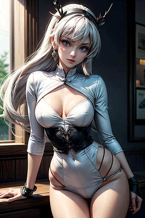 weiss schnee from rwby, perfect body, prominent hips, slim waist, medium breasts