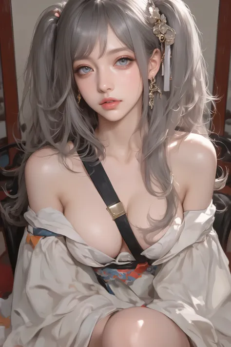 ( masterpiece,  top quality :1.2),  girl,  Alone, long hair, breasts, looking at viewer,  blue eyes, large breasts, long sleeves, hair ornament, dress, closed mouth, jewelry, bare shoulders, sitting, twintails, grey hair, flower, thighs, earrings, detached...