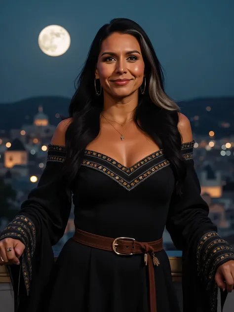 Tulsi Gabbard, sexy medieval sorceress, full body portrait, cleavage, bare shoulders, smile, standing on balcony, low cut sorcerer robe with wide sleeves, jewelry, ultrarealistic, background is medieval city, nighttime with the full moon visible, best qual...