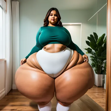 a beautiful pear-shaped 34 year old Colombian BBW mommy with an amazing curvy body, (solo, 1 girl), wearing long sleeved crop top, wearing high-waisted panties, pear-shaped body, hyper ass:1.2, wide hips, thicker thighs, bigger waist, huge breasts, mirrorl...