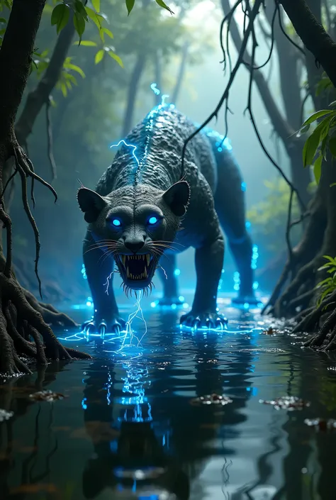 "A hyper-realistic, terrifying mutant lurking in a dense, partially flooded jungle. This nightmarish creature is an unrecognizable fusion of a cheetah and an electric eel, its body grotesquely transformed by mutation. Its feline features are twisted beyond...