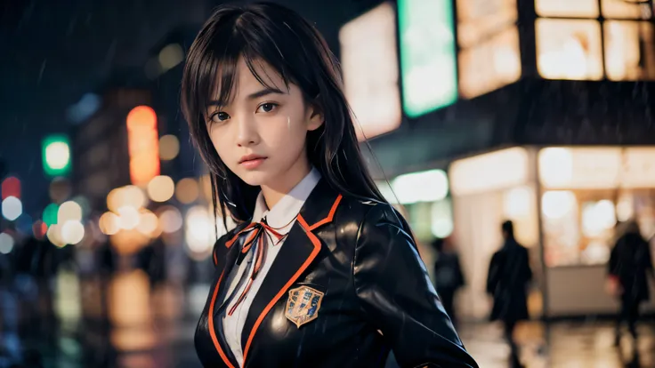 (Super close up face shot of one slender small breasts two side up black medium hair bangs girl in long sleeves black school uniform:1.5)、(One girl is walking with crying face on the main street in the rain at midnight:1.5)、(At skyscraper city landscape in...