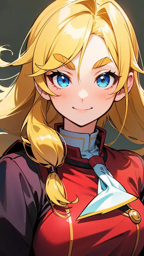  one girl 、solo、 Gold、 long hair、Vertical roll hairstyle 、 blue eyes、 thick eyebrows、smile、 red dress style school uniform、 upper body close-up 、 simple background 
