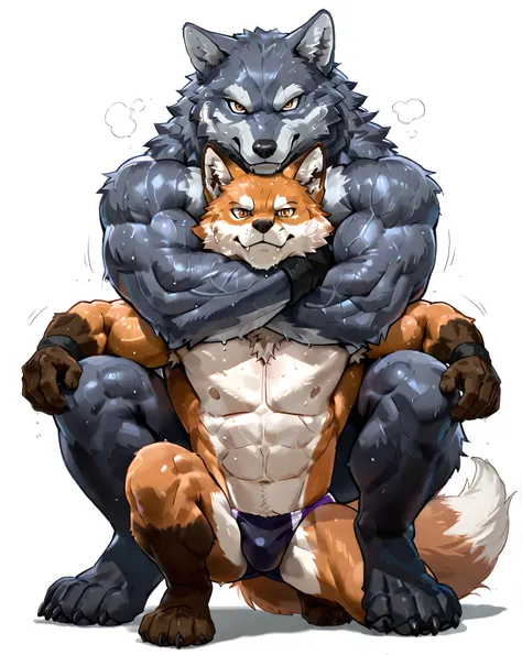 4k ultra quality, 4k full body view, masterpiece quality, wrestling, fox on stomach, fox arms wide, fox in pain, black wolf, male wolf, male fox, wolf on top, wolf squatting, camel clutch, ((big wolf, very muscular, size difference)), thick arms, arms arou...