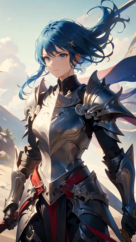 ((best quality)), ((masterpiece)), (detailed), perfect face, ((Best quality, 8k, Masterpiece: 1.3)), Knight in armour, white breastplate, carved shoulder pads, Metal shin guards, Sword in its sheath, Blue hair blowing in the wind, White gloves