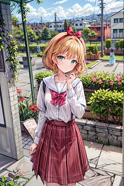 (( masterpiece)), ( top quality), ( super high resolution), ( Beautiful Illustrations),
Outdoors, Flower Garden, cherry blossoms,
 gray hair, short hair,  Aqua Eyes, side ponytail , school uniform, white shirt, Pink Plaid Skirt,  Black Legwear  ,
Alone  ,
...