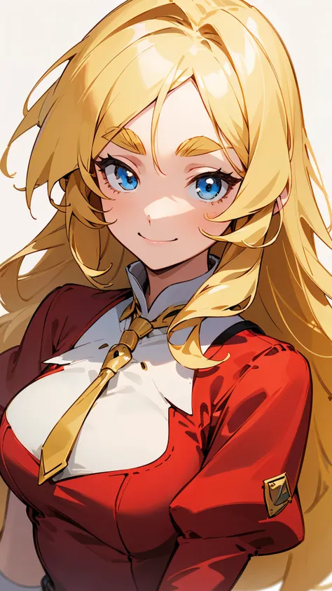  one girl 、solo、 Gold、 long hair、Vertical roll hairstyle 、 blue eyes、 thick eyebrows、smile、 red dress style school uniform、 upper body close-up 、 simple background 