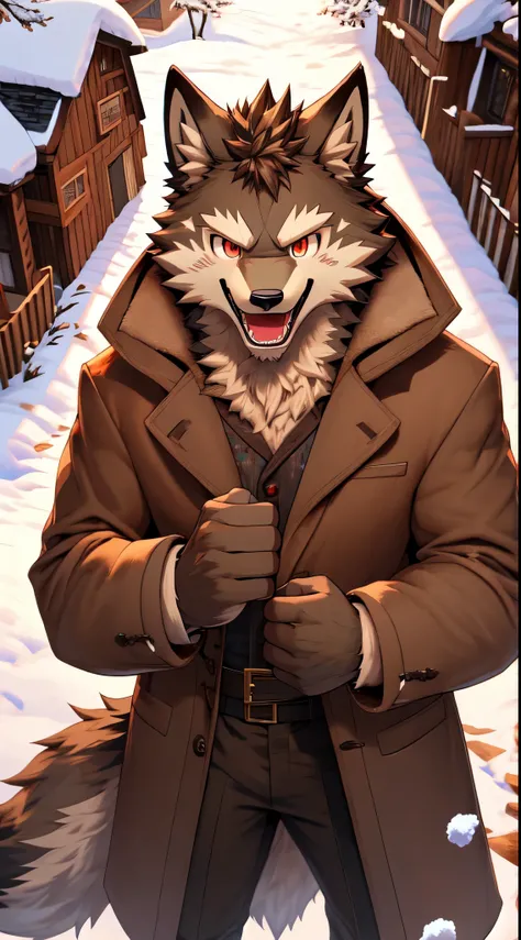 brown wolf beastman, wolffurry, high image quality, dynamic high angle,  looking at viewer, dynamic composition, 4k, deformed pattern, male, solo, kemono, 5 fingers, fluffy, fluffy tail, ((brown and white fur)), red eyes, coat, standing, afternoon, outdoor...