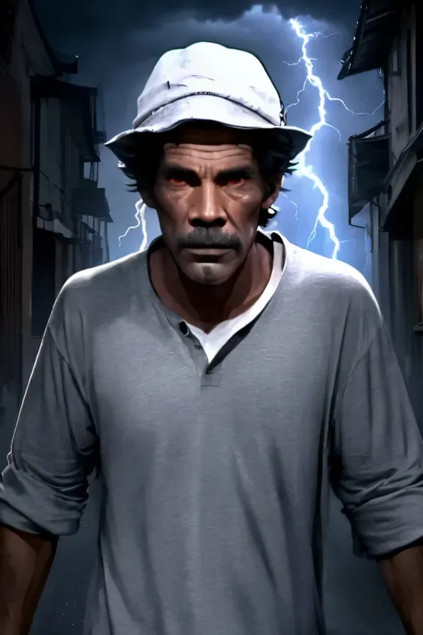 scary, high definition sharp quality photo of seu madruga scary man, wearing a hat, dramatic lightning, in streets at night, 