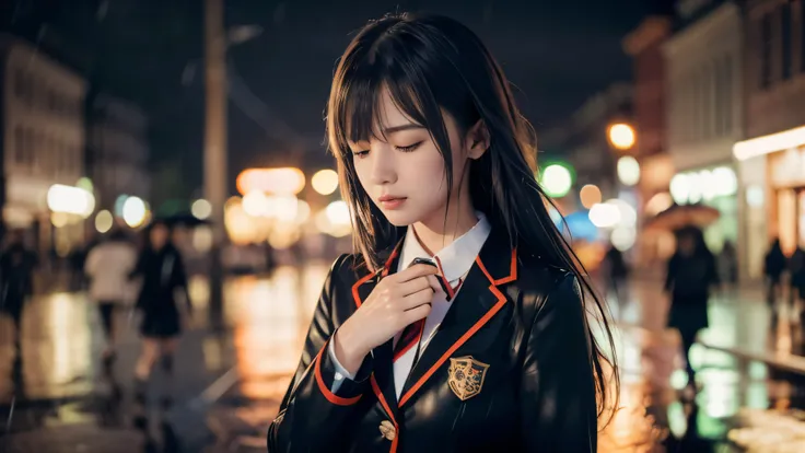 (Super close up profile shot of one slender small breasts two side up black medium hair bangs girl in long sleeves black school uniform:1.5)、(One girl is walking with crying face on the main street in the rain at midnight:1.5)、(At skyscraper city landscape...