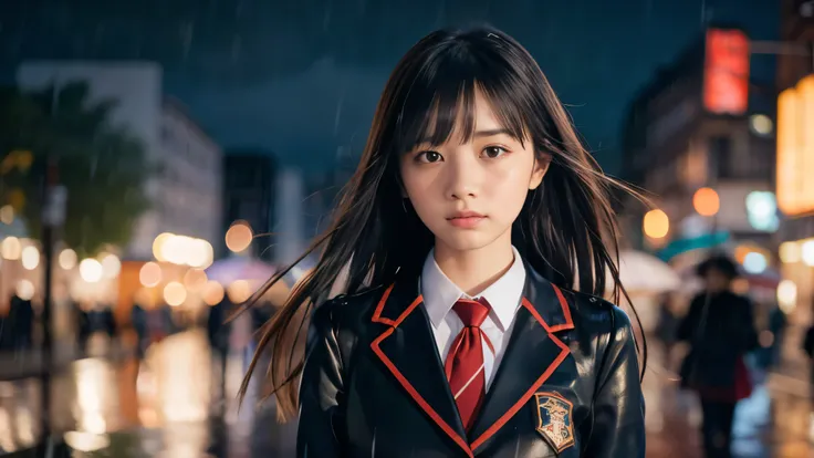 (Super close up profile shot of one slender small breasts two side up black medium hair bangs girl in long sleeves black school uniform:1.5)、(One girl is walking with crying face on the main street in the rain at midnight:1.5)、(At skyscraper city landscape...