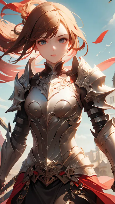 ((best quality)), ((masterpiece)), (detailed), perfect face, ((Best quality, 8k, Masterpiece: 1.3)), Knight in armour, white breastplate, carved shoulder pads, Metal shin guards, Sword in its sheath, Brown hair blowing in the wind, White gloves