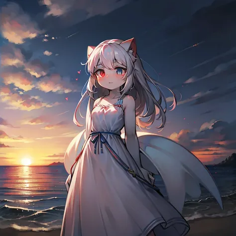  white hair ， red eyes on the left，blue eyes on the right，Wear a white and white translucent dress，Standing by the seaside and watching the sunset， perfect color，gentle brilliance