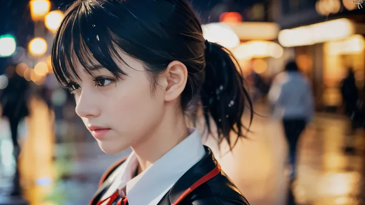 (Super close up profile shot of one slender small breasts two side up black medium hair bangs girl in long sleeves black school uniform:1.5)、(One girl is walking with crying face on the main street in the rain at midnight:1.5)、(At skyscraper city landscape...