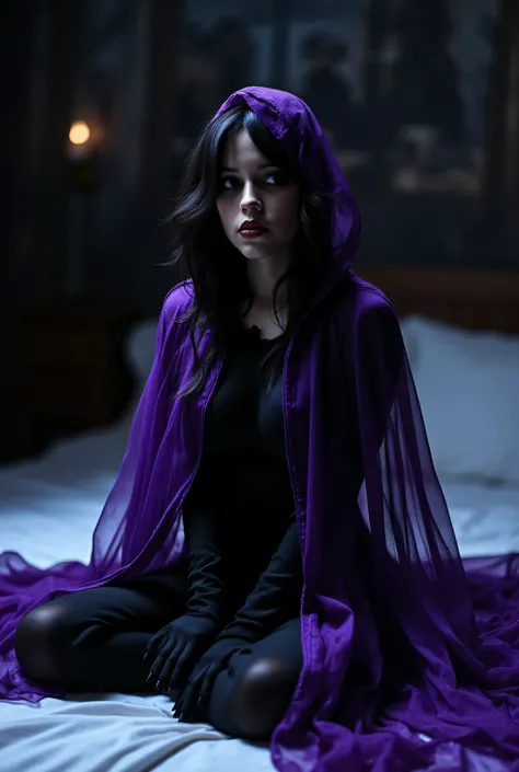 Raven,  titans, gothic, purple cloak, sitting criss cross on bed. perfect lighting, wide hips, slim body