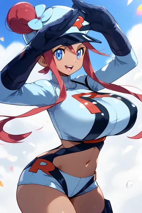 1girl,skyla_(pokemon),dark skin,huge breasts,hair ornament,(team rocket uniform:1.6),uniform color is white,round eyes,big eyes,round eyes,seductive_smile,evil smile,blush,dark_persona,dynamic pose, score_9,score_8_up,score_7_up,score_6_up,score_5_up,score...