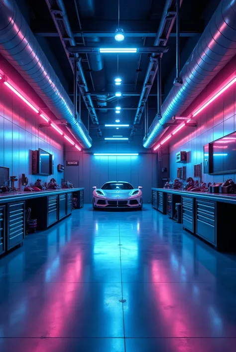 A futuristic car garage with ambient neon lighting, sleek metallic surfaces, and highly detailed textures. The space is dimly lit with glowing blue and purple accents, reflecting off polished floors. High-tech tools, workbenches, and storage units line the...