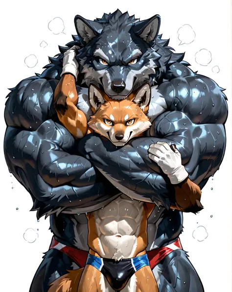 4k ultra quality, 4k, (half body, half view), masterpiece quality, wrestling, black wolf, male wolf, male fox, wolf behind fox, small fox, (big wolf, very muscular, size difference), thick arms, arm around head, arm around body, chokehold, sweaty, wrestlin...