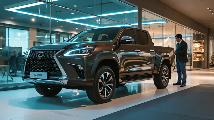 The 2024 Lexus pick-up truck parked elegantly in a modern showroom with glass walls and bright LED lighting. The polished floor reflects the vehicle’s glossy finish. A showroom representative stands nearby, showcasing the vehicle to potential buyers.  
