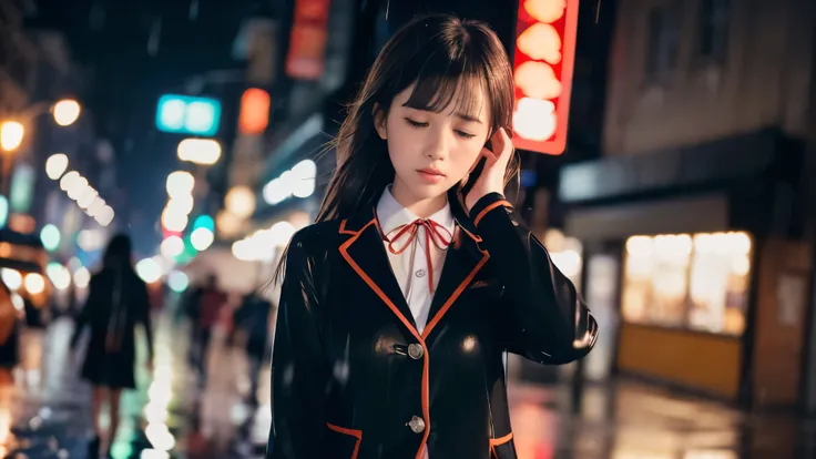 (Super close up face shot of one slender small breasts two side up black medium hair bangs girl in long sleeves black school uniform:1.5)、(One girl is walking with crying face on the main street in the rain at midnight:1.5)、(At skyscraper city landscape in...