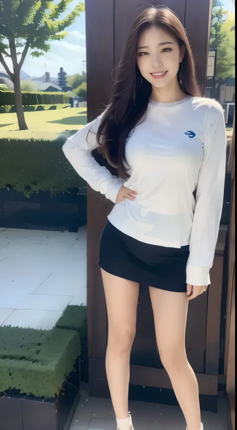 (( top quality, 8k,  masterpiece :1.3)),  one girl,  staring at the camera, shake hands,  adorable smile, Slim face,  beautiful women, ( dark brown hair),  big breasted:1.3,white long sleeve t-shirt , dark blue tight skirt ,  High Heels,  highly detailed f...