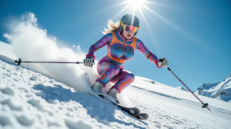 Close up shot in a stunning mountain scenery, blue sky and sun, 90 degree angel shot, side view, extreme busty model speed skiing down a mountain slope with snow clouds springing off the terrain, big E cup breasts, she wears a tight vivid colorfull skiing ...