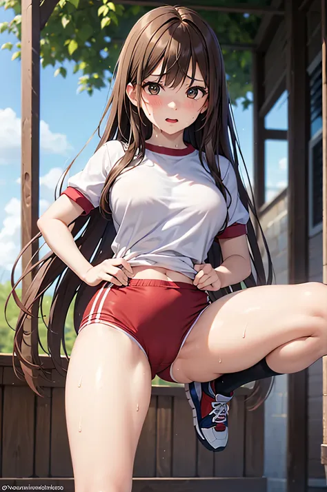  adult woman,  alone,  sexy, 8k resolution,(( top quality)),  super high resolution, ( distressed face), ( brown eyes),  beautiful symmetrical face  , ( brown long hair), gym clothes, bloomers, knee-high socks,Realistic:1.4, by Nomi:1.4,( Masterpiece:1.2),...