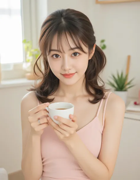 Here's the prompt in English for generating the image of a Korean-style beautiful girl in a camisole, drinking warm cocoa:

Sample Prompt:
"A Korean-style beautiful girl portrait with twin pigtails, her hair silky and smooth with natural waves. She is wear...