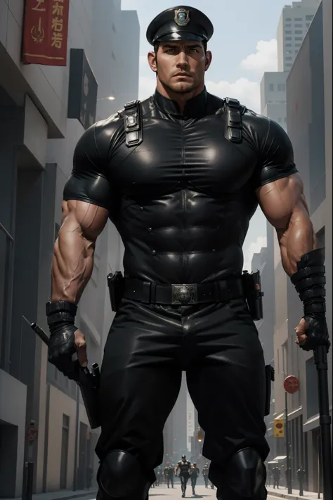 One Tall giant muscular police officer, Chinese police hat, Big black mask, On the outdoor street, Brown Superhero Bodysuit, The expression is arrogant, Lift your chin, disheveled hair, thick thighs, Brown Superhero Bodysuit, Very tight, Regular symmetrica...