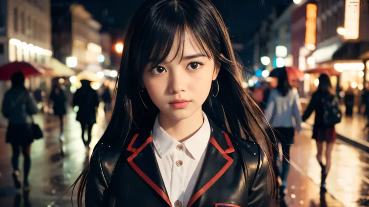 (Super close up face shot of one slender small breasts two side up black medium hair bangs girl in long sleeves black school uniform:1.5)、(One girl is walking with crying face on the main street in the rain at midnight:1.5)、(At skyscraper city landscape in...