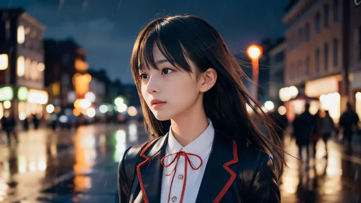 (Super close up profile shot of one slender small breasts two side up black medium hair bangs girl in long sleeves black school uniform:1.5)、(One girl is walking with crying face on the main street in the rain at midnight:1.5)、(At skyscraper city landscape...