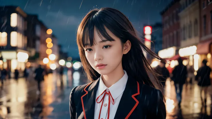 (Super close up profile shot of one slender small breasts two side up black medium hair bangs girl in long sleeves black school uniform:1.5)、(One girl is walking with crying face on the main street in the rain at midnight:1.5)、(At skyscraper city landscape...