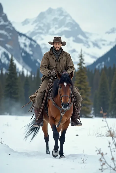 A cowboy rides a horse through a snowy landscape, with a rifle tied behind him. He wears a wide-brimmed hat and old, worn-out cloth clothes. In the distance behind him, there are towering spruce forests, and beyond them, breathtaking snow-capped mountains....