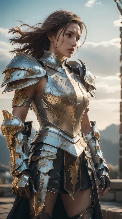 ((best quality)), ((masterpiece)), (detailed), perfect face, ((Best quality, 8k, Masterpiece: 1.3)), Knight in armour, white breastplate, carved shoulder pads, Metal shin guards, Sword in its sheath, Brown hair blowing in the wind, White gloves