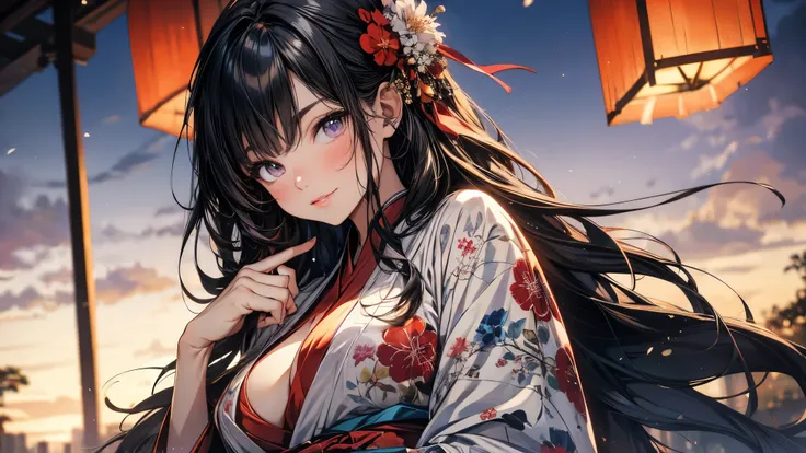 ( masterpiece, top quality), ( super high resolution, 8KRAW photos, photorealistic:1.5, textile shading, pale tone, Thin outline), sexy woman wearing a kimono , sitting holding a teddy bear, ( wearing a light purple Hanfu :1.2), ( in a Japanese kimon...
