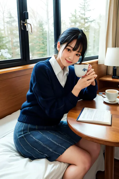 (High Definition), Lady, Japan Person, Cute, Black Hair Short, wearing Cable Knit, Cross Check Long Skirt Navy Trad Style For Female,  Glance, Leaning some cushions,  At Hotel Bed Room, A Cup of Coffee & Some Books on a Table, Key Light, winter Woods windo...