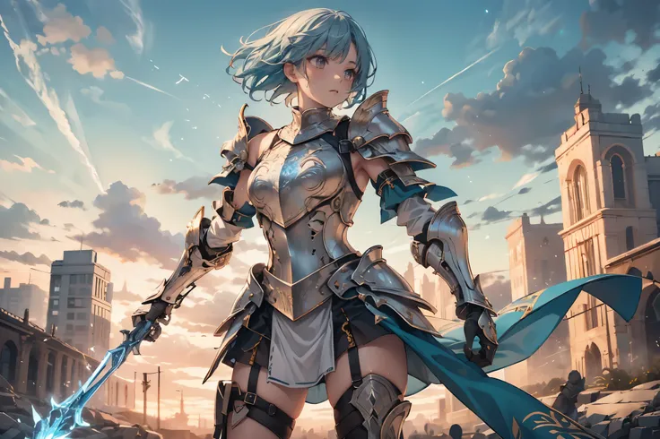 ((best quality)), ((masterpiece)), (detailed), perfect face, ((Best quality, 8k, Masterpiece: 1.3)), Knight in armour, white breastplate, carved shoulder pads, Metal shin guards, Blue hair blowing in the wind, White gloves, Sweaty on the battlefield, Dust-...