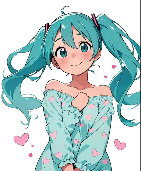 ( masterpiece、 top quality、 top quality、 Official Art、  beautiful and beautiful  :1.2)、( one girl:1.3) Hatsune Miku、 twin tails, beautiful breasts, A woman with a cute smile is cute,  fluffy off-shoulder pajamas,  make a big heart with both hands ,  posing...