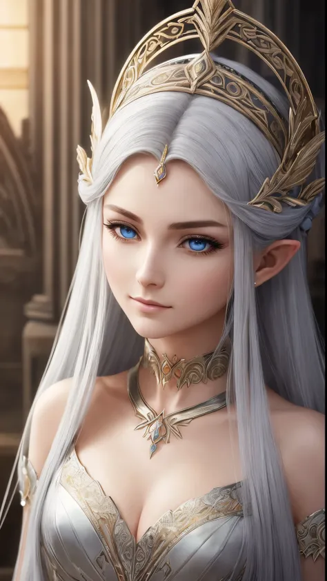 "A stunning high elf woman in an anime-inspired style, embodying grace and strength. She has long, silvery hair with a soft blue shimmer that flows elegantly, like liquid light. A few stray strands frame her delicate face, adding a natural imperfection to ...